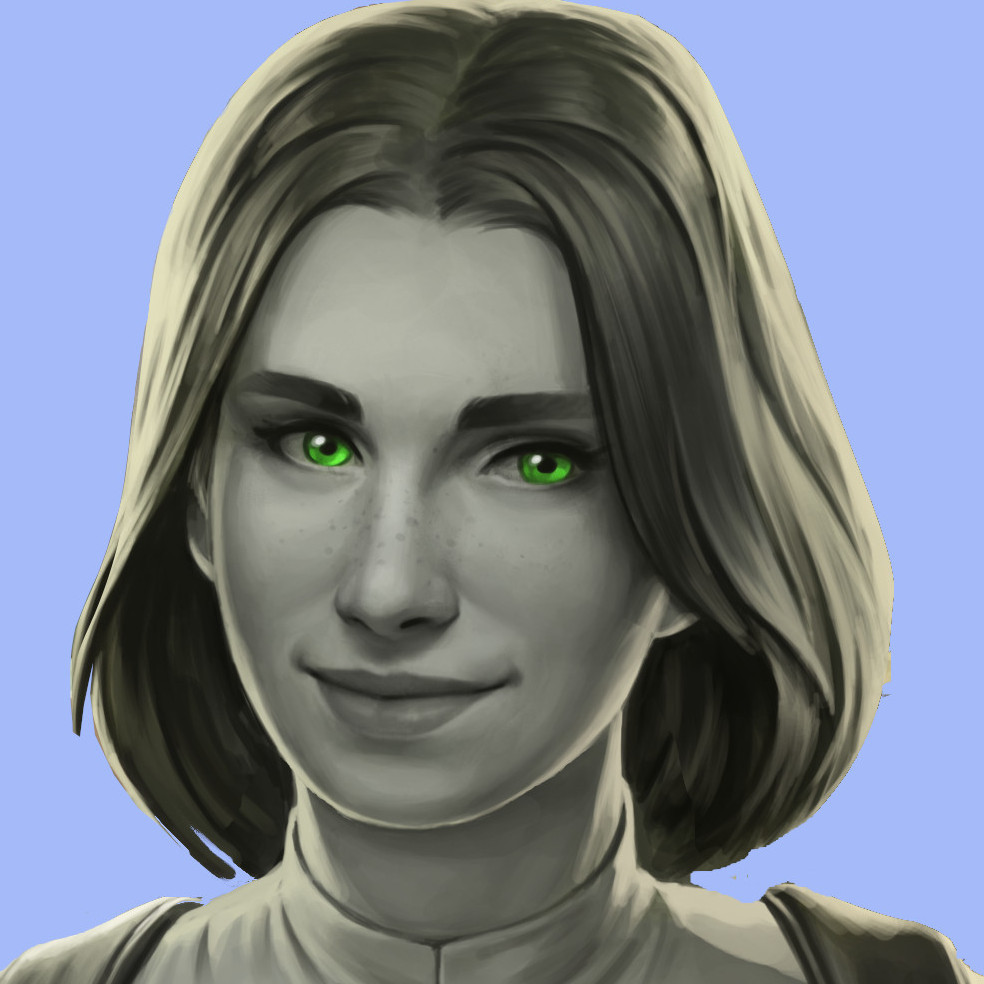 A female android with gray skin and shoulder-length hair; one of the protagonists in my novel.